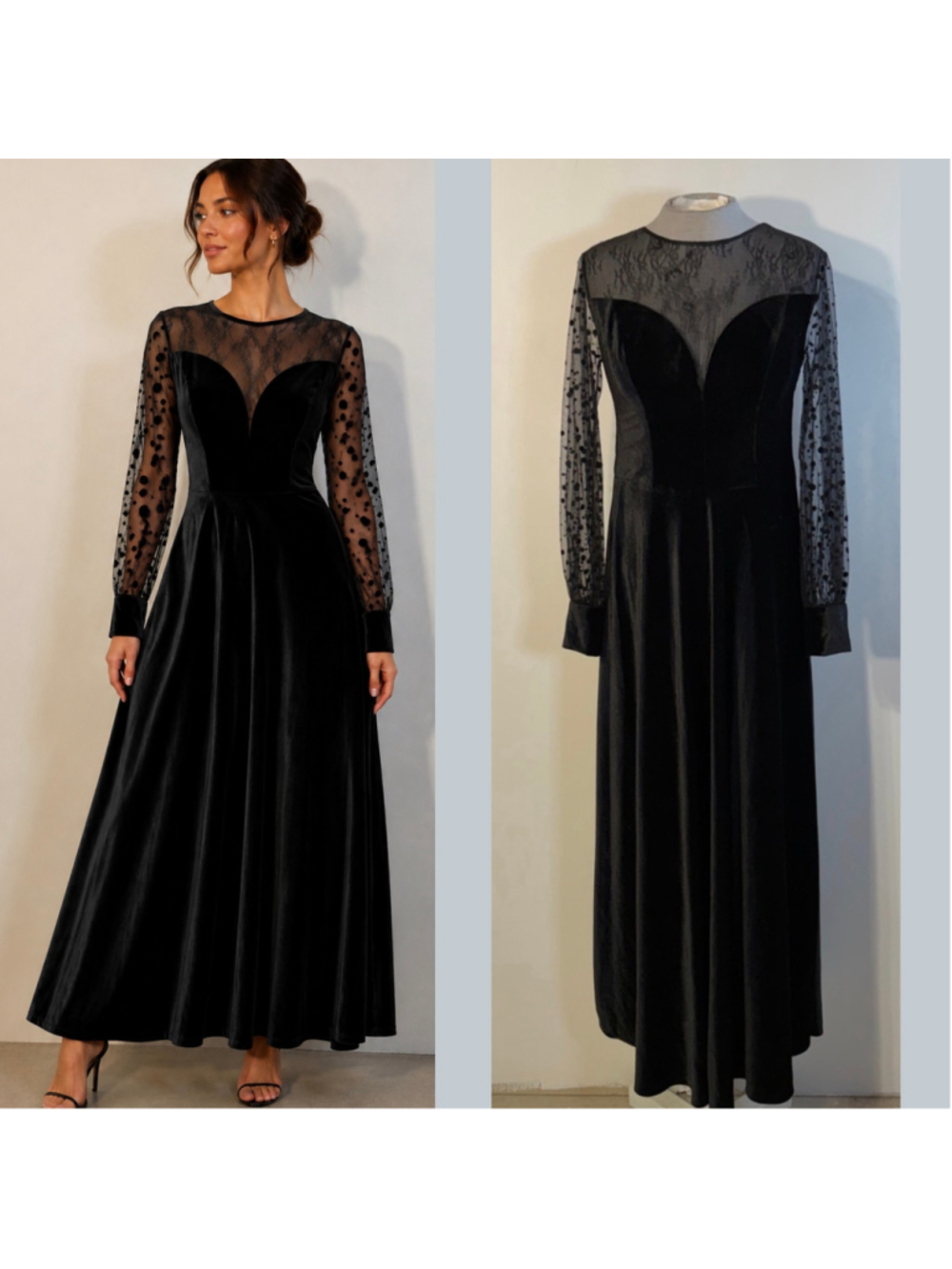 Vintage Inspired Long Sleeve Velvet Polka Dot Mesh Maxi Dress Women’s S/M Zipper